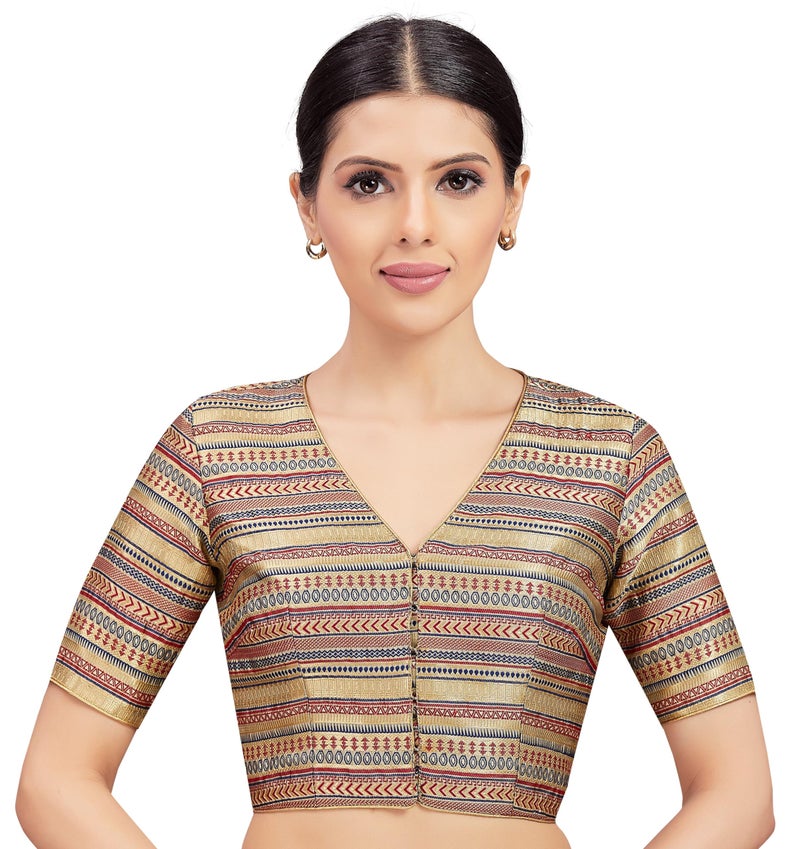 Studio Shringaar Women's Gold Brocade Half Sleeve Readymade Saree Blouse (Gold, 36) - Image 1