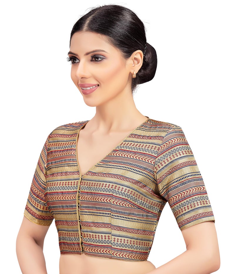 Studio Shringaar Women's Gold Brocade Half Sleeve Readymade Saree Blouse (Gold, 36) - Image 3