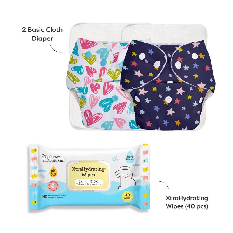 Superbottoms سوبر بوتومز بيسك - 2 حفاضات قماش قابلة لإعادة الاستخدام (متنوعة) للأطفال وحزمة من 40 مناديل مرطبة إضافية مجانية | مناديل أطفال غير معطرة، 3.5X | حفاضات عضوية قابلة للتعديل للاستخدام النهاري (مع 2 وسادة سريعة الجفاف) - Image 2