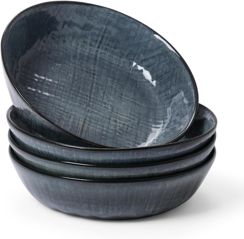 Famiware famiware Moonlight 85 Inch Pasta Bowls Set of 4 32oz Serving Bowls for Kitchen Soup Bowl with Linen Finish Large Stoneware Bowls for Festivals Housewarming Dinnerware Dark Blue  - Image 1