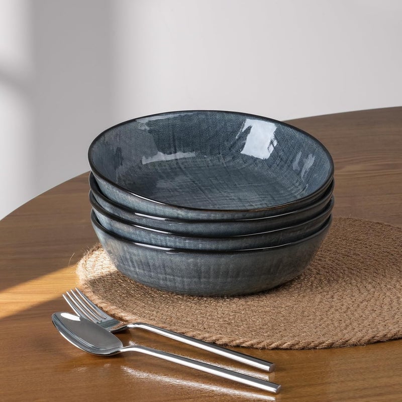 Famiware famiware Moonlight 85 Inch Pasta Bowls Set of 4 32oz Serving Bowls for Kitchen Soup Bowl with Linen Finish Large Stoneware Bowls for Festivals Housewarming Dinnerware Dark Blue  - Image 4