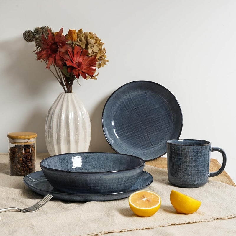 Famiware famiware Moonlight 85 Inch Pasta Bowls Set of 4 32oz Serving Bowls for Kitchen Soup Bowl with Linen Finish Large Stoneware Bowls for Festivals Housewarming Dinnerware Dark Blue  - Image 2