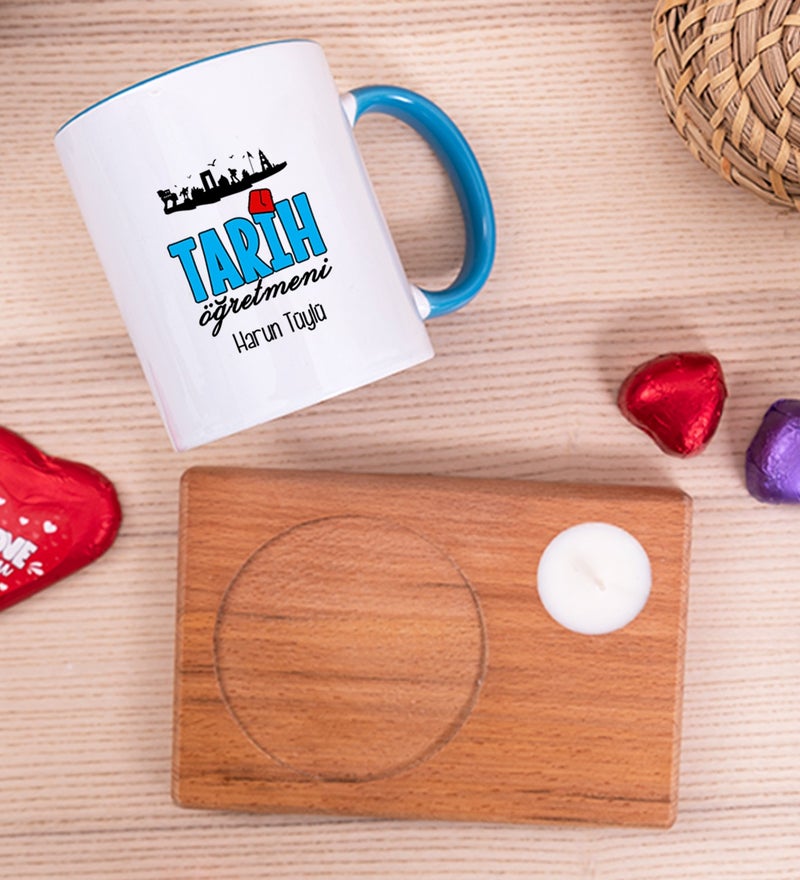 Gift Shop Personalized History Teacher Wooden Coaster Candle Blue Mug