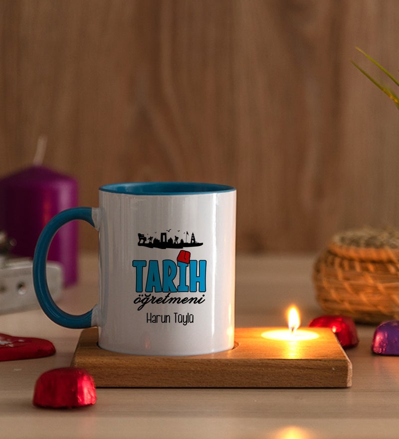 Gift Shop Personalized History Teacher Wooden Coaster Candle Blue Mug