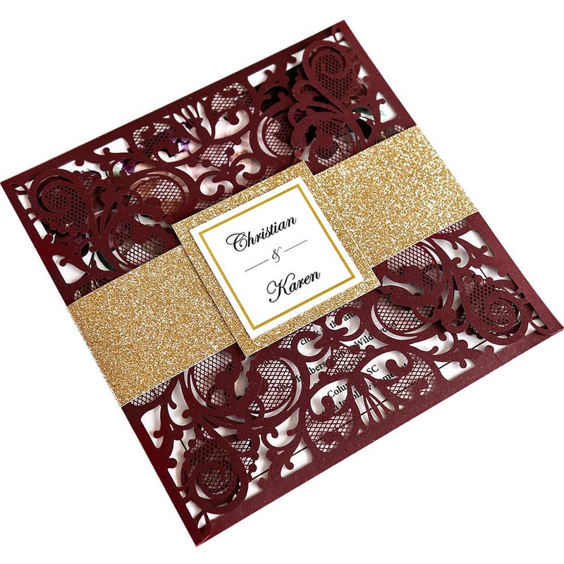DreamBuilt 63 X 63 Inch 50PCS Blank Burgundy Laser Cut Wedding Invitations With Envelopes Kit And Gold Glitter Belly Band Wedding Invitation Cards For Wedding invite