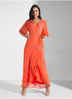Hope & Ivy Embellished Flutter Sleeve Wrap Dress  - Image 1