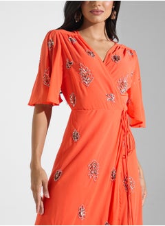 Hope & Ivy Embellished Flutter Sleeve Wrap Dress  - Image 3