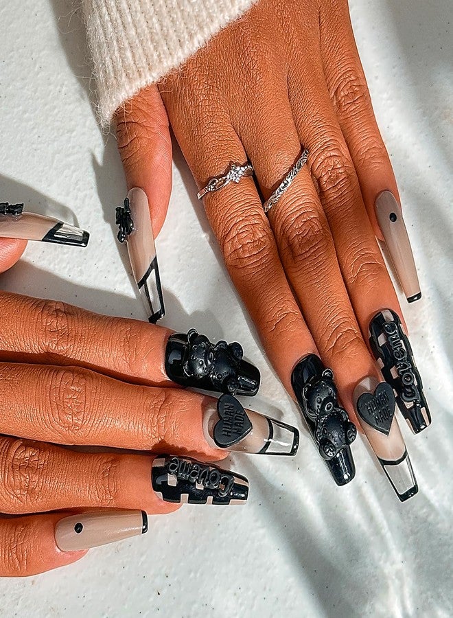 Sethexy French Long Coffin False Nails Handmade Glossy Acrylic Luxury Fake Nails 3D Black Bow Love Heart Bear Press On Nails Checkerboard Salon Quality Nail Removable for Women and Girls 10Pcs（U） - Image 2