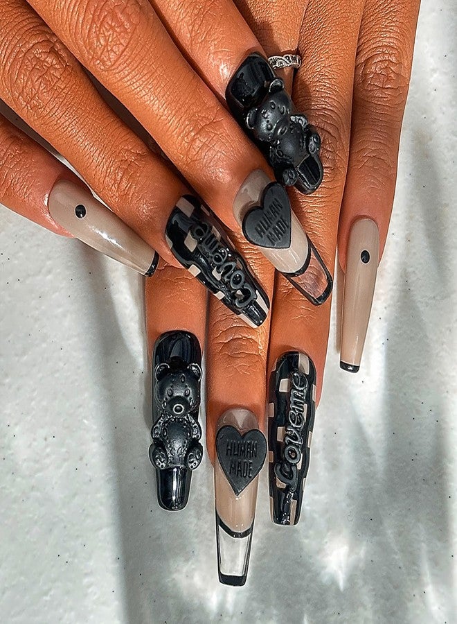 Sethexy French Long Coffin False Nails Handmade Glossy Acrylic Luxury Fake Nails 3D Black Bow Love Heart Bear Press On Nails Checkerboard Salon Quality Nail Removable for Women and Girls 10Pcs（U） - Image 1