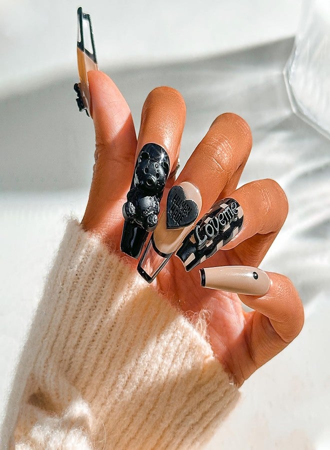 Sethexy French Long Coffin False Nails Handmade Glossy Acrylic Luxury Fake Nails 3D Black Bow Love Heart Bear Press On Nails Checkerboard Salon Quality Nail Removable for Women and Girls 10Pcs（U） - Image 3