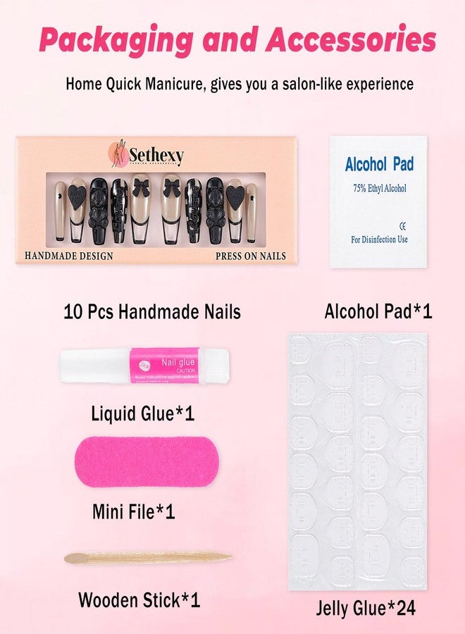 Sethexy French Long Coffin False Nails Handmade Glossy Acrylic Luxury Fake Nails 3D Black Bow Love Heart Bear Press On Nails Checkerboard Salon Quality Nail Removable for Women and Girls 10Pcs（U） - Image 4