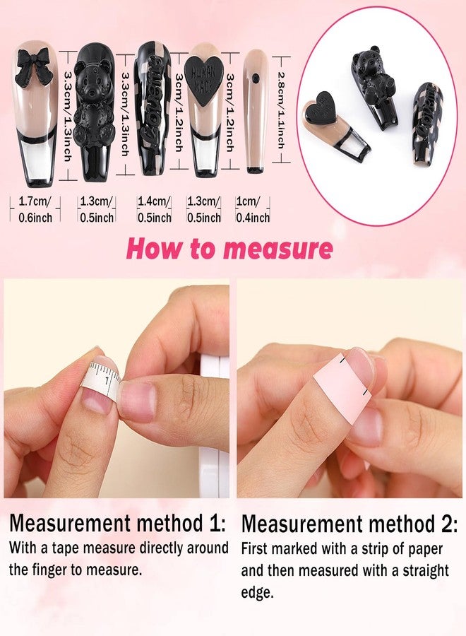 Sethexy French Long Coffin False Nails Handmade Glossy Acrylic Luxury Fake Nails 3D Black Bow Love Heart Bear Press On Nails Checkerboard Salon Quality Nail Removable for Women and Girls 10Pcs（U） - Image 5