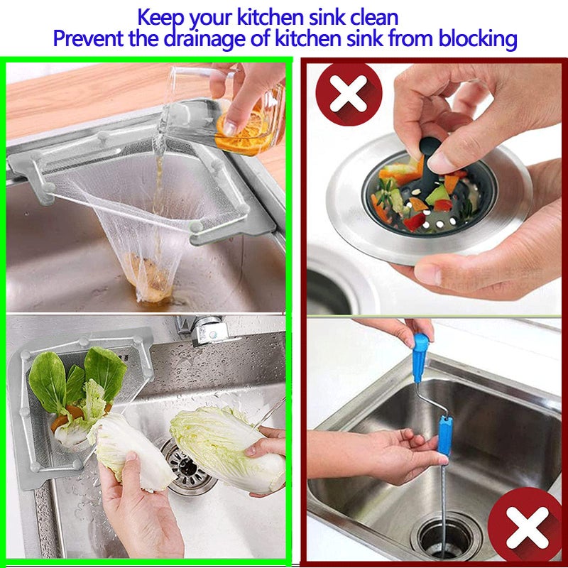 HiBD Kitchen Sink Triangle Tri-Holder Filter, Kitchen Sink Strainer, Sink Drain Strainer, with a Triangular Gray Rack and 200PCS Large Size Filtering Mesh Bags for Kitchen Leftover - Image 2