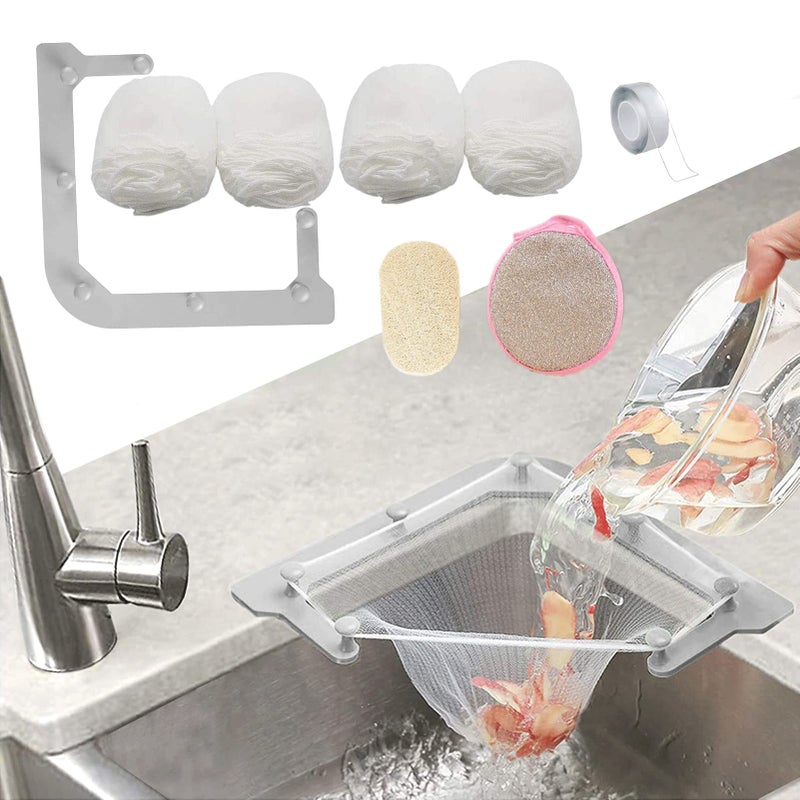 HiBD Kitchen Sink Triangle Tri-Holder Filter, Kitchen Sink Strainer, Sink Drain Strainer, with a Triangular Gray Rack and 200PCS Large Size Filtering Mesh Bags for Kitchen Leftover - Image 1