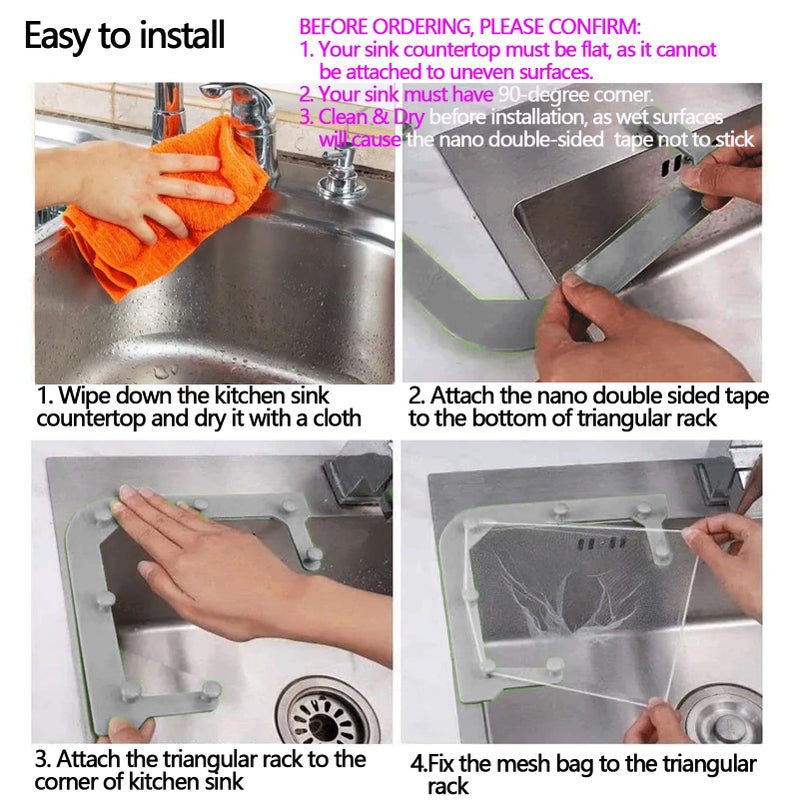 HiBD Kitchen Sink Triangle Tri-Holder Filter, Kitchen Sink Strainer, Sink Drain Strainer, with a Triangular Gray Rack and 200PCS Large Size Filtering Mesh Bags for Kitchen Leftover - Image 3