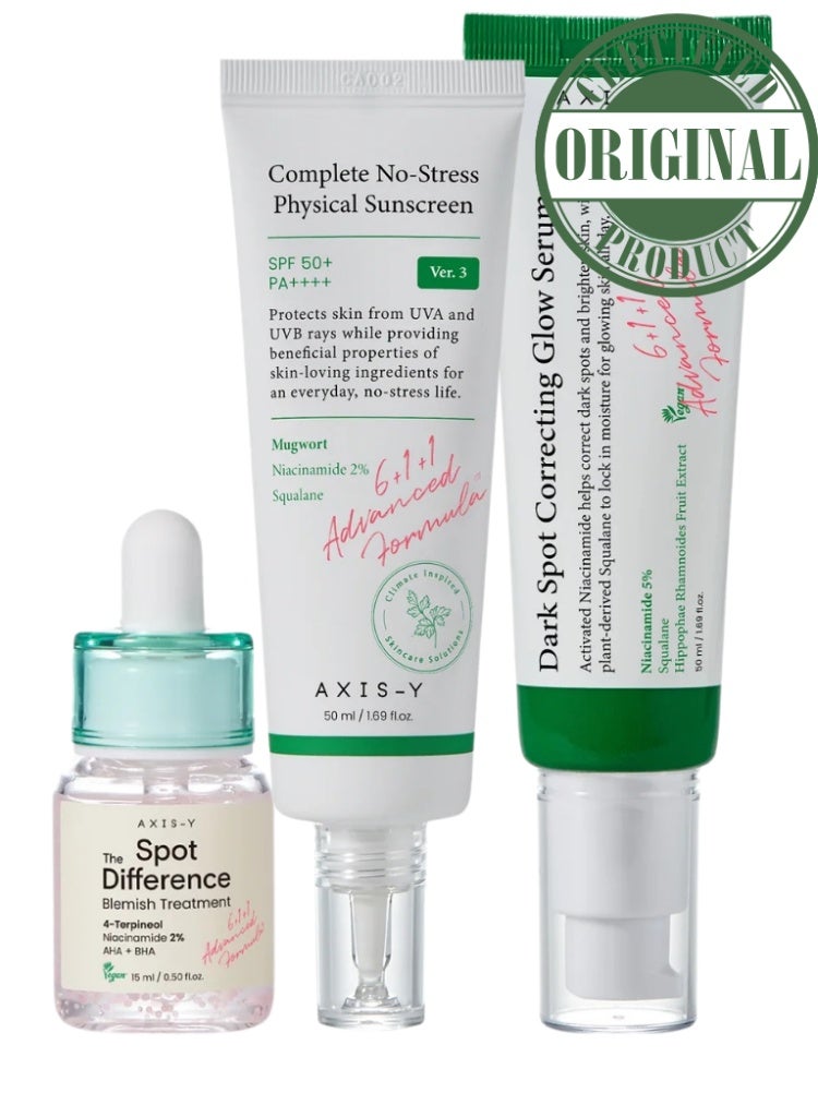 البقع الداكنة وآثار الحبوب وعدم توحّد اللون – مجموعة AXIS-Y Glow Renewal Trio مع فرشاة تنظيف (علاج البقع، سيروم توحيد اللون، وواقي الشمس الواقي) - Image 1