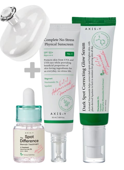 AXIS-Y Glow Renewal Trio with Face Scrubber - Spot Treatment, Dark Spot Glow Serum, and Protective Sunscreen