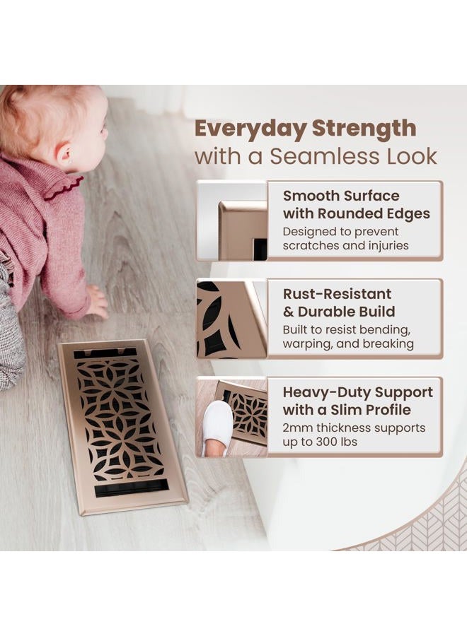 GREATER GRATES Floor Register 4x10 Vent Cover – Heavy-Duty Steel, Rustproof & Walkable Grates, Easy Drop-in Install, Adjustable Air Supply Switch - Decorative Floral Design, Satin Bronze - Image 4