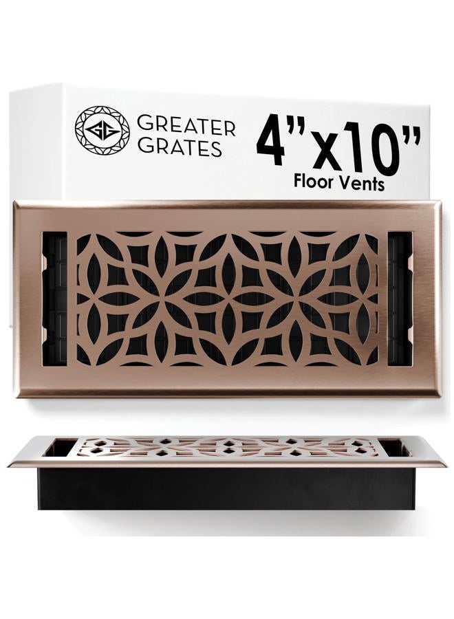 GREATER GRATES Floor Register 4x10 Vent Cover – Heavy-Duty Steel, Rustproof & Walkable Grates, Easy Drop-in Install, Adjustable Air Supply Switch - Decorative Floral Design, Satin Bronze - Image 1