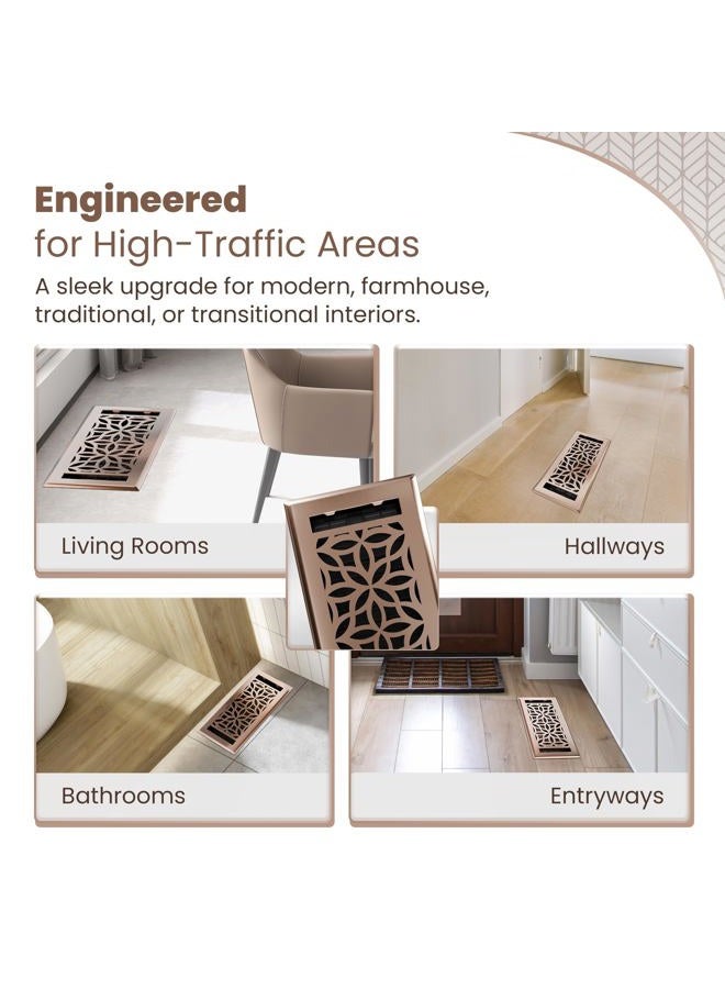 GREATER GRATES Floor Register 4x10 Vent Cover – Heavy-Duty Steel, Rustproof & Walkable Grates, Easy Drop-in Install, Adjustable Air Supply Switch - Decorative Floral Design, Satin Bronze - Image 2