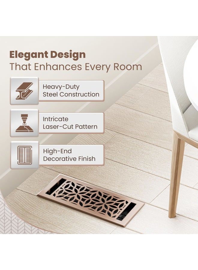GREATER GRATES Floor Register 4x10 Vent Cover – Heavy-Duty Steel, Rustproof & Walkable Grates, Easy Drop-in Install, Adjustable Air Supply Switch - Decorative Floral Design, Satin Bronze - Image 3