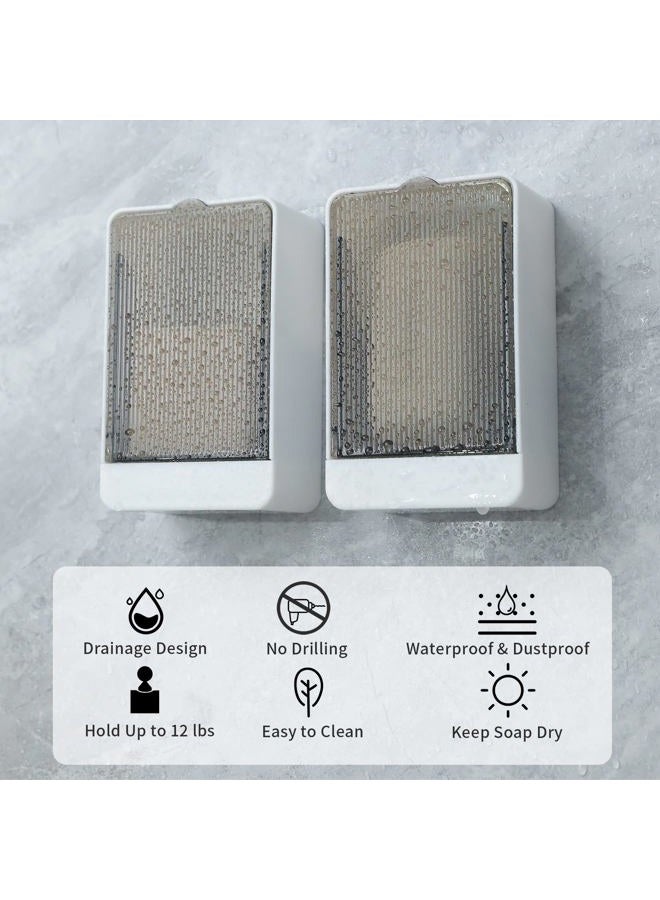 GREATIN Bar Soap Holder Dish Shower 2 PCS Self Draining Soap Container with Lid, Wall Mounted Soap Box Tray for Bathroom Bathtub Sink, Waterproof White, Adhesive Include (White) - Image 3