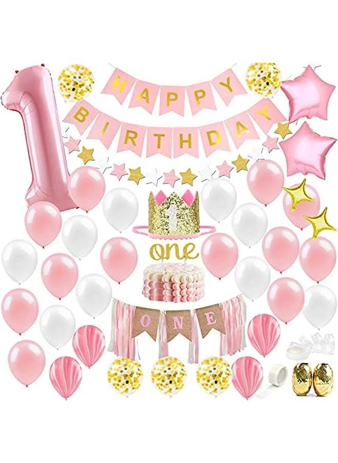 Generic Baby Girl First Birthday Decorations - 1st Birthday Girl Decoration Pink Gold Party Supplies - Happy First Birthday Banner, Number 1 Balloon and Crown, Balloon Arch, High Chair Banner, ONE Cake Topp  - Image 1