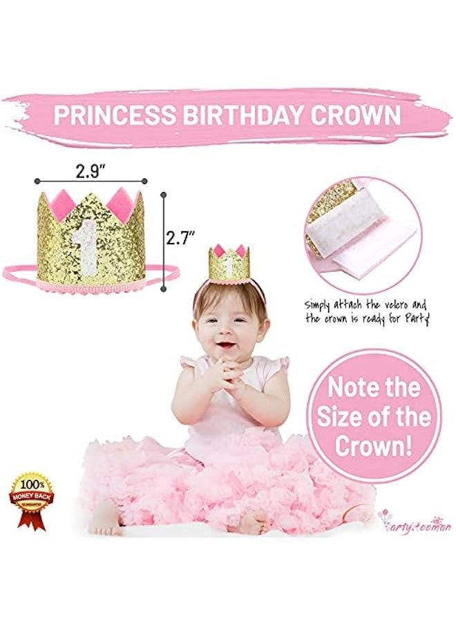 Generic Baby Girl First Birthday Decorations - 1st Birthday Girl Decoration Pink Gold Party Supplies - Happy First Birthday Banner, Number 1 Balloon and Crown, Balloon Arch, High Chair Banner, ONE Cake Topp  - Image 3
