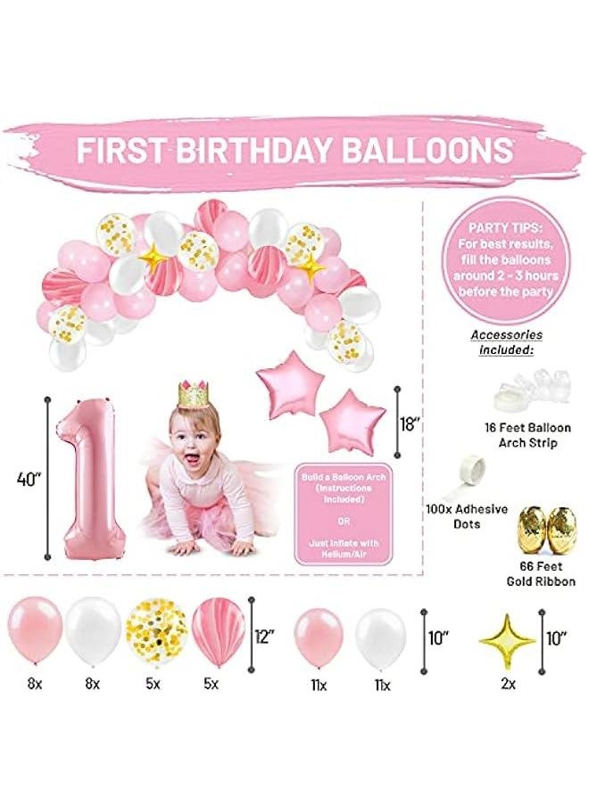 Generic Baby Girl First Birthday Decorations - 1st Birthday Girl Decoration Pink Gold Party Supplies - Happy First Birthday Banner, Number 1 Balloon and Crown, Balloon Arch, High Chair Banner, ONE Cake Topp  - Image 5