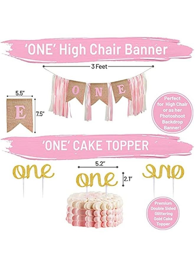 Generic Baby Girl First Birthday Decorations - 1st Birthday Girl Decoration Pink Gold Party Supplies - Happy First Birthday Banner, Number 1 Balloon and Crown, Balloon Arch, High Chair Banner, ONE Cake Topp  - Image 4