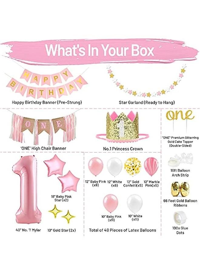 Generic Baby Girl First Birthday Decorations - 1st Birthday Girl Decoration Pink Gold Party Supplies - Happy First Birthday Banner, Number 1 Balloon and Crown, Balloon Arch, High Chair Banner, ONE Cake Topp  - Image 2