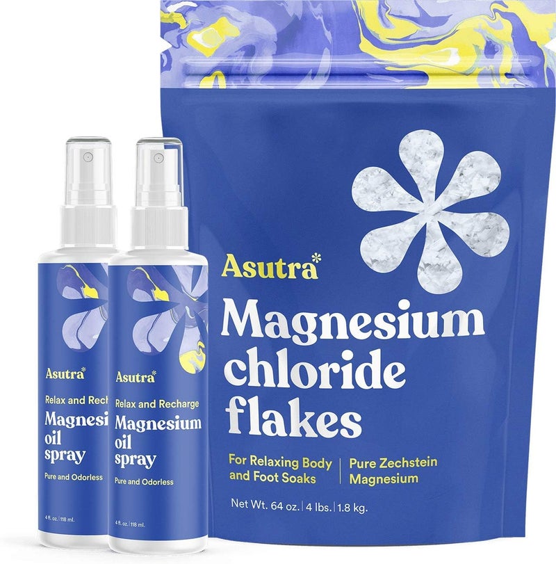 ASUTRA Topical Magnesium Bundle 4 fl oz Magnesium Oil Spray Pack of 2 4 lb Bag of Magnesium Chloride Bath Flakes Rapid Absorption Pure and Odorless Magnesium Derived from Zechstein Seabed