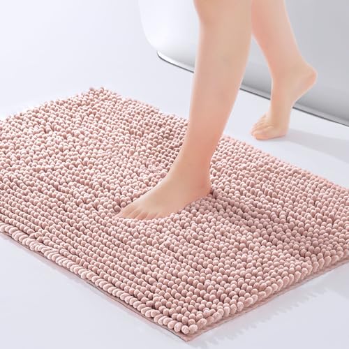 FRESHMINT Chenille Bathroom Rugs Mat 32”x20”, Non-Slip Bath Mat for Bathroom Floor & Bathtub, Washable Soft Shower Shag Bath Rugs, Fluffy Thick Water Absorbent Microfiber Shower Mat, Dusty Pink - Image 1