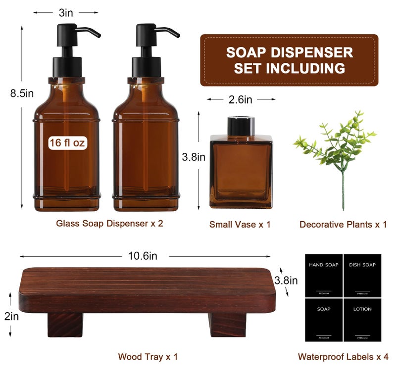 RYTOXILO Modern Kitchen Soap Dispenser Set with Wood Tray, Amber Glass Soap Dispensers with Pump, Decorative Hand and Dish Soap Dispenser Set, Soap and Lotion Dispenser Upgrade for Kitchen and Bathroom Decor - Image 2