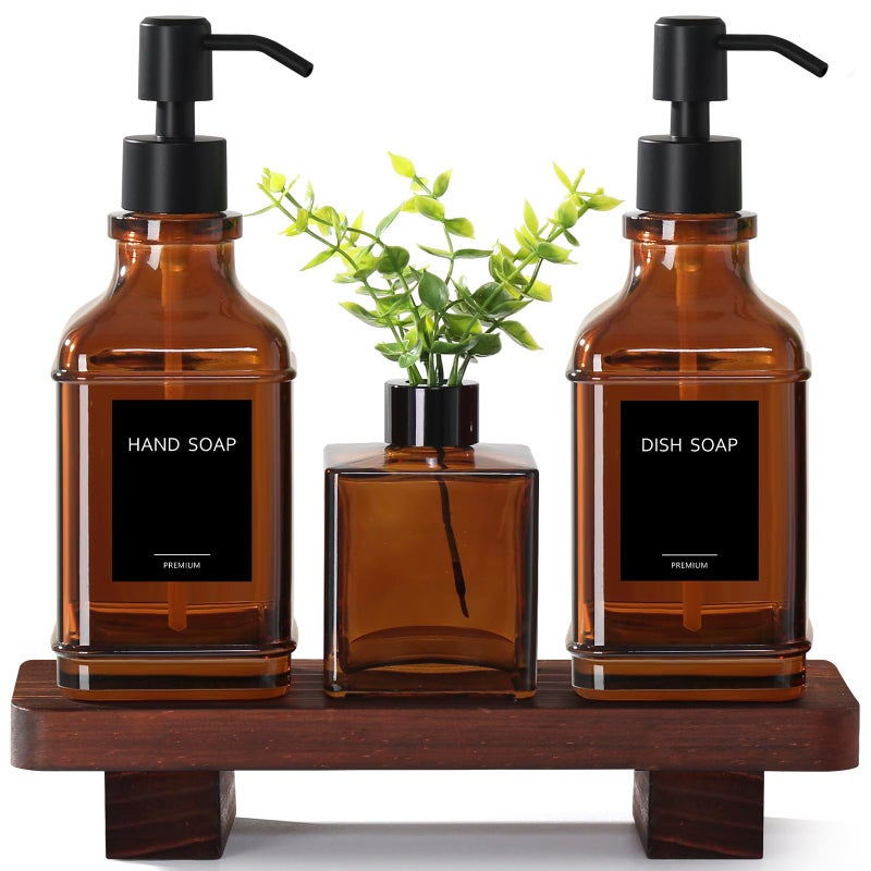 RYTOXILO Modern Kitchen Soap Dispenser Set with Wood Tray, Amber Glass Soap Dispensers with Pump, Decorative Hand and Dish Soap Dispenser Set, Soap and Lotion Dispenser Upgrade for Kitchen and Bathroom Decor - Image 1