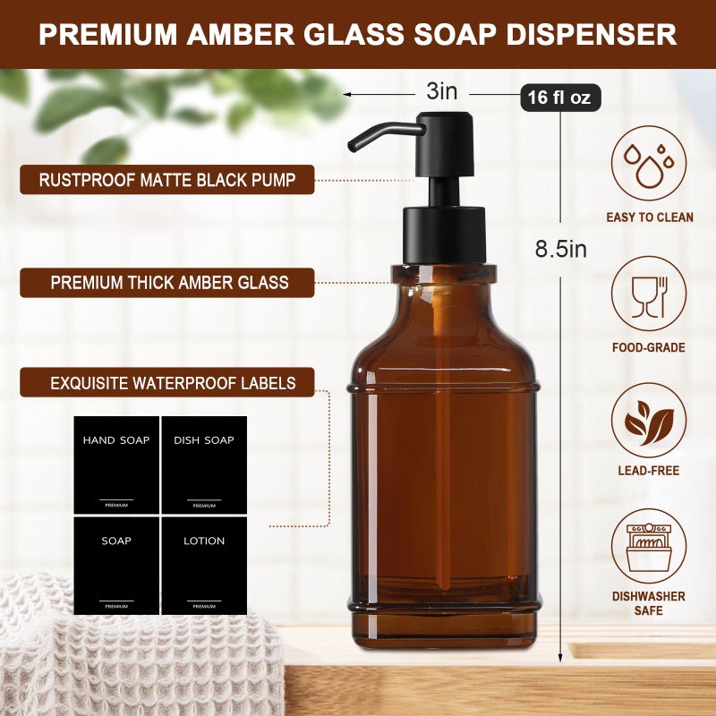 RYTOXILO Modern Kitchen Soap Dispenser Set with Wood Tray, Amber Glass Soap Dispensers with Pump, Decorative Hand and Dish Soap Dispenser Set, Soap and Lotion Dispenser Upgrade for Kitchen and Bathroom Decor - Image 3
