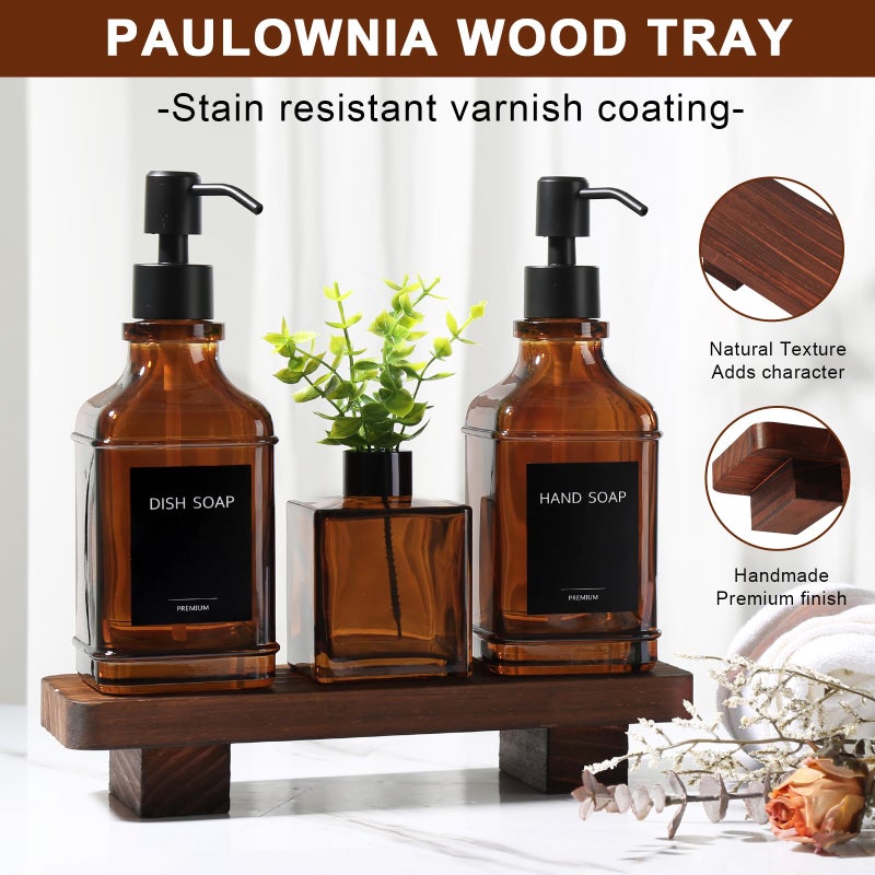 RYTOXILO Modern Kitchen Soap Dispenser Set with Wood Tray, Amber Glass Soap Dispensers with Pump, Decorative Hand and Dish Soap Dispenser Set, Soap and Lotion Dispenser Upgrade for Kitchen and Bathroom Decor - Image 5