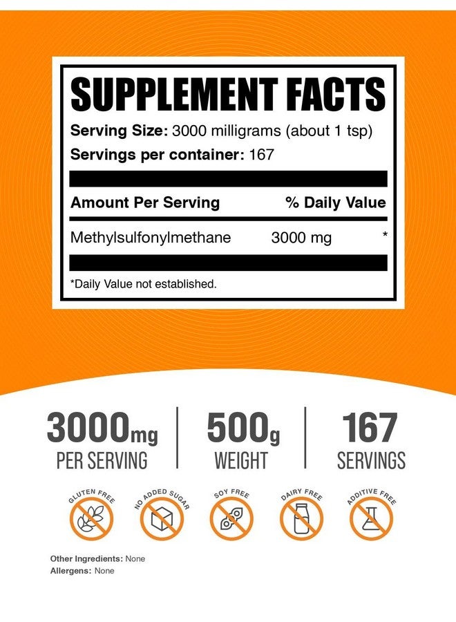 بالك سابلمنتس مسحوق MSM من BulkSupplements.com - ميثيل سلفونيل ميثان، مكمل MSM - مسحوق MSM نقي، MSM 3000 مجم - لصحة المفاصل، خالٍ من الجلوتين، 3000 مجم لكل وجبة، 500 جرام (1.1 رطل) (عبوة من قطعة واحدة) - Image 2