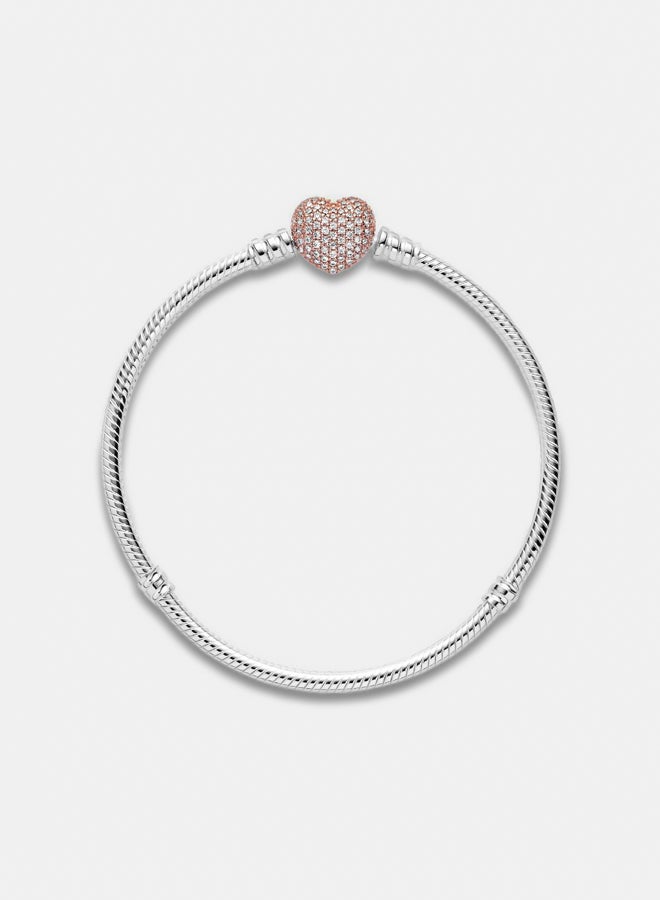 PANDORA Snake Chain Silver Bracelet with 14K Rose Gold-Plated Heart Clasp 
