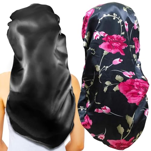 Gelme Nutri 2Pcs Long Satin Bonnet Sleep CapExtra Large Braids Bonnets for SleepingLong HairSoftComfortable Elastic Band Bonnets for Women Night SleepHair Bonnets for Women Satin BlackRed Pattern - Image 2