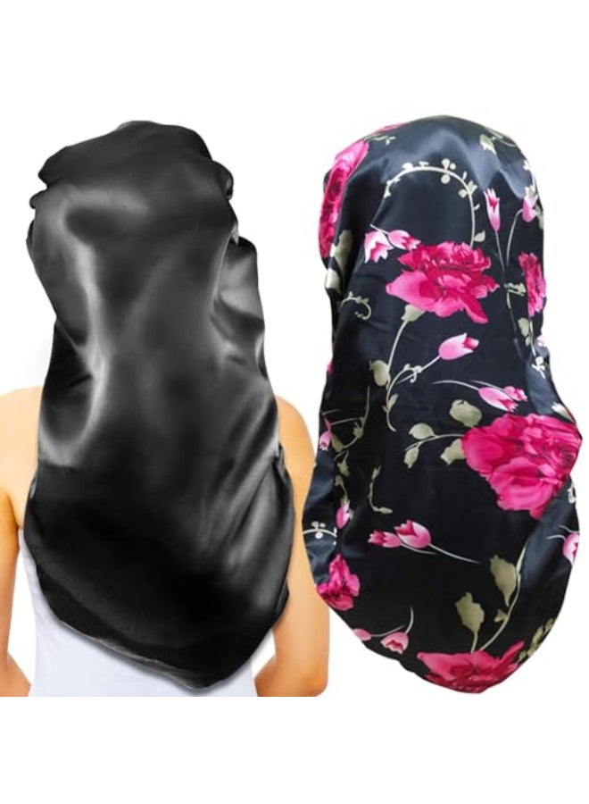 Gelme Nutri 2Pcs Long Satin Bonnet Sleep CapExtra Large Braids Bonnets for SleepingLong HairSoftComfortable Elastic Band Bonnets for Women Night SleepHair Bonnets for Women Satin BlackRed Pattern - Image 1