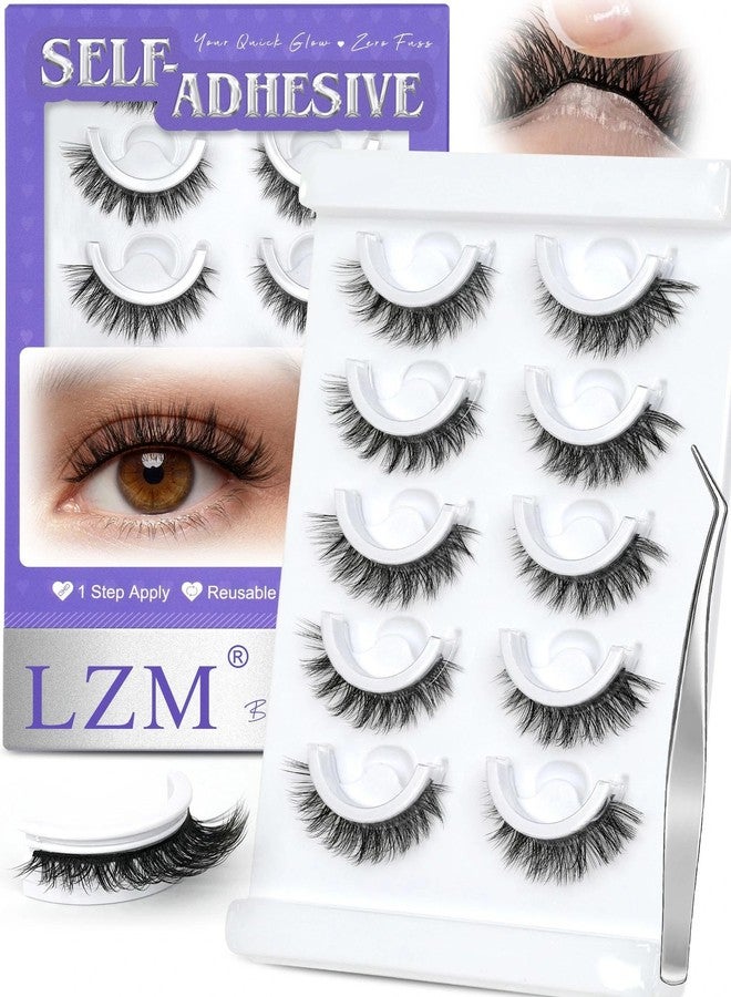 LZM Self Adhesive Eyelashes Preglued Glueless - No Glue Needed, Easy Lashes for Beginners, 12mm Natural Strip Glueless Lashes, Reusable Stick On Eyelashes with Tweezers & Replacement Adhesive Strips 020 - Image 1
