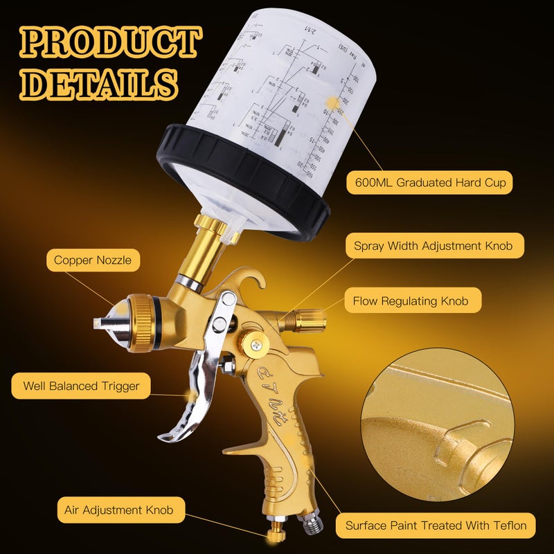 Zeinlenx HVLP Spray Gun with 10Pcs 600ML Disposable Paint Cups, 4 Nozzles,1.4/1.7/2.0/2.5mm, Automotive Gravity Feed Paint Spray Gun Kit with Air Compressor Regulator for Auto (Gold) - Image 5