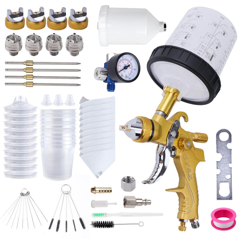 Zeinlenx HVLP Spray Gun with 10Pcs 600ML Disposable Paint Cups, 4 Nozzles,1.4/1.7/2.0/2.5mm, Automotive Gravity Feed Paint Spray Gun Kit with Air Compressor Regulator for Auto (Gold) - Image 1