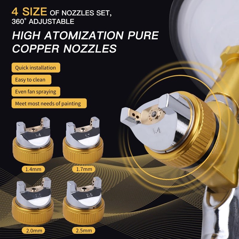 Zeinlenx HVLP Spray Gun with 10Pcs 600ML Disposable Paint Cups, 4 Nozzles,1.4/1.7/2.0/2.5mm, Automotive Gravity Feed Paint Spray Gun Kit with Air Compressor Regulator for Auto (Gold) - Image 2