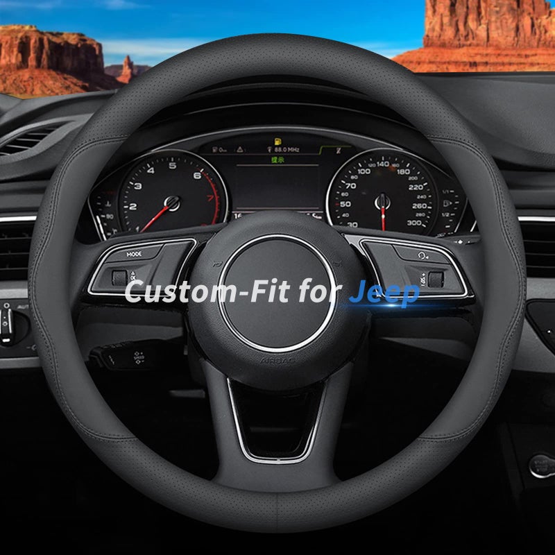 Deer Route Custom-Fit for Jeep Steering Wheel Cover, Premium Leather Car Steering Wheel Cover with Logo, Non-Slip, Breathable (B-Style,for Jeep) - Image 1