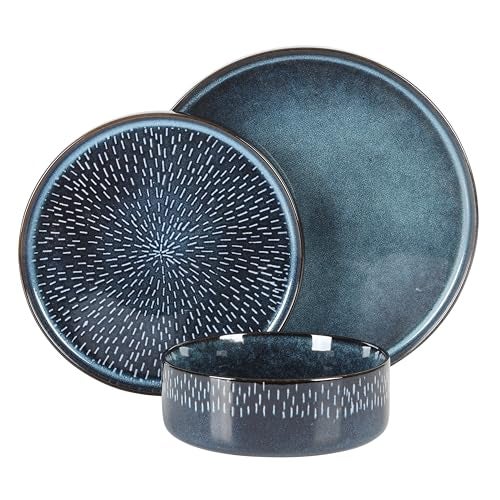 Gibson Elite 12 Piece Matisse Moderna Stoneware Reactive Glaze Plates and Bowls Dishes Dinnerware Set - Cobalt Blue - Image 4