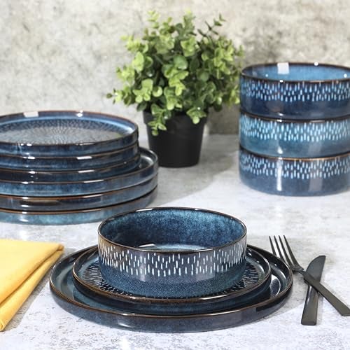 Gibson Elite 12 Piece Matisse Moderna Stoneware Reactive Glaze Plates and Bowls Dishes Dinnerware Set - Cobalt Blue - Image 3