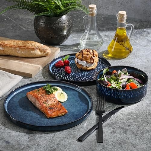 Gibson Elite 12 Piece Matisse Moderna Stoneware Reactive Glaze Plates and Bowls Dishes Dinnerware Set - Cobalt Blue - Image 2