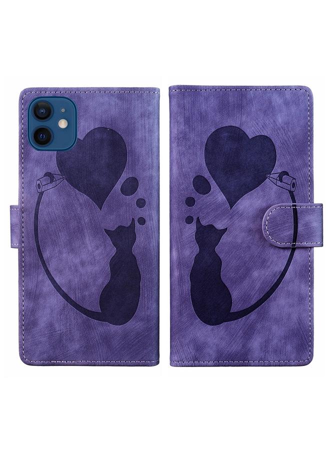 زبون جراب هاتف iPhone 12 من الجلد المنقوش على شكل قلب وقط - Image 1